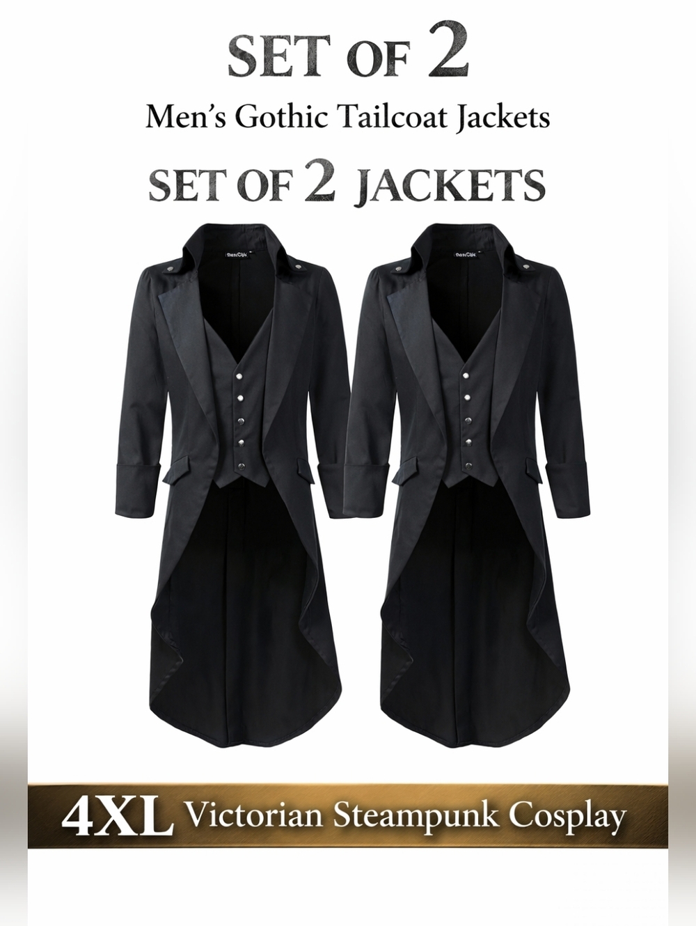 Men’s Gothic Tailcoat Jacket 4XL Set of 2 Victorian Steampunk Cosplay Black Coat
